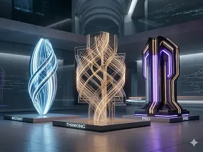 Drei leuchtende Skulpturen mit den Beschriftungen Instant, Thinking und Pro in futurativer Umgebung