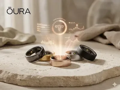 Mehrere Oura-Ringe auf Steinplatte mit schwebender digitaler Gesundheitsanzeige darüber.