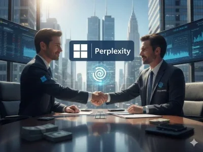 Zwei Männer in Anzügen geben sich an einem Konferenztisch die Hand; im Hintergrund Stadtansicht und Diagramm-Bildschirme.