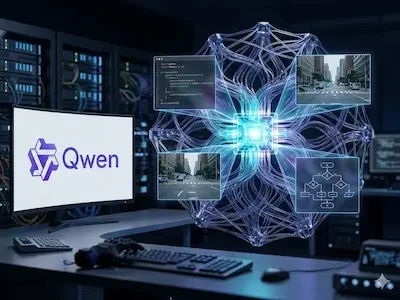 Serverraum mit Monitor „Qwen“ und zentraler, leuchtender Netzwerkstruktur mit Code- und Bildfenstern.