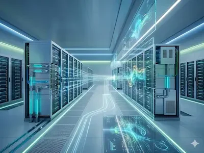 Moderner Serverraum mit leuchtenden Datenlinien und visualisierten digitalen Prozessen zwischen Serverracks