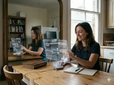 Frau sitzt an Holztisch und bedient transparenten Bildschirm; Spiegel zeigt ihr Spiegelbild.