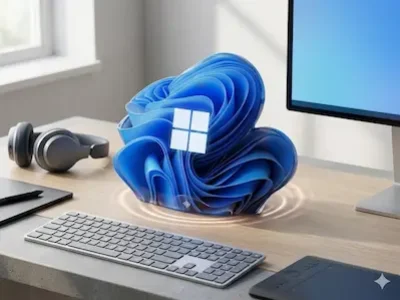 Blaues Windows-Logo als 3D-Objekt auf Schreibtisch neben Tastatur und Monitor.